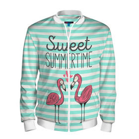 Мужской бомбер 3D с принтом Sweet Summer Time в городе Новоалтайск, 100% полиэстер | застегивается на молнию, по бокам два кармана без застежек, по низу бомбера и на воротнике - эластичная резинка | animal | art | flamingo | love | pink | summer | sweet | time | арт | белый | бирюзовый | жара | животное | лето | любовь | матроска | полоски | рисунок | розовый | роман | сердечки | сердце | серый | фламинго | черный