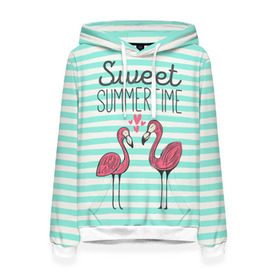 Женская толстовка 3D с принтом Sweet Summer Time в городе Новоалтайск, 100% полиэстер  | двухслойный капюшон со шнурком для регулировки, мягкие манжеты на рукавах и по низу толстовки, спереди карман-кенгуру с мягким внутренним слоем. | animal | art | flamingo | love | pink | summer | sweet | time | арт | белый | бирюзовый | жара | животное | лето | любовь | матроска | полоски | рисунок | розовый | роман | сердечки | сердце | серый | фламинго | черный