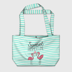 Пляжная сумка 3D с принтом Sweet Summer Time в городе Новоалтайск, 100% полиэстер | застегивается на металлическую кнопку; внутренний карман застегивается на молнию. Стенки укреплены специальным мягким материалом, чтобы защитить содержимое от несильных ударов
 | animal | art | flamingo | love | pink | summer | sweet | time | арт | белый | бирюзовый | жара | животное | лето | любовь | матроска | полоски | рисунок | розовый | роман | сердечки | сердце | серый | фламинго | черный
