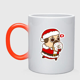 Кружка хамелеон с принтом Puglie Pug Новогодний в городе Новоалтайск, керамика | меняет цвет при нагревании, емкость 330 мл | Тематика изображения на принте: 2019 | kawaii | злюка | каваи | мопс | новый год | пес | пончик | собака