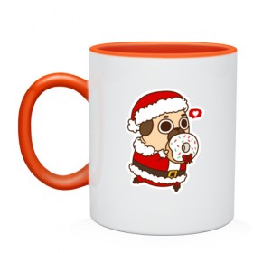 Кружка двухцветная с принтом Puglie Pug Новогодний в городе Новоалтайск, керамика | объем — 330 мл, диаметр — 80 мм. Цветная ручка и кайма сверху, в некоторых цветах — вся внутренняя часть | Тематика изображения на принте: 2019 | kawaii | злюка | каваи | мопс | новый год | пес | пончик | собака