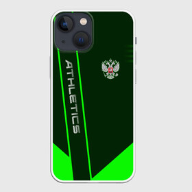 Чехол для iPhone 13 mini с принтом Athletics в городе Новоалтайск,  |  | Тематика изображения на принте: athletics | sport | атлет | атлетика | бег | бегун | зож | легкая | линии | надпись | полосы | прыжки | россии | россия | рф | сборная | символ | состязание | спорт | спортсмен | тяжелая