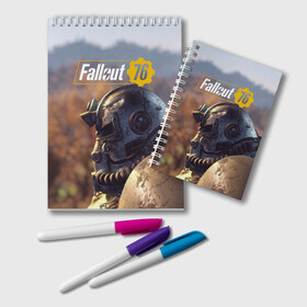 Блокнот с принтом Fallout 76 в городе Новоалтайск, 100% бумага | 48 листов, плотность листов — 60 г/м2, плотность картонной обложки — 250 г/м2. Листы скреплены удобной пружинной спиралью. Цвет линий — светло-серый
 | Тематика изображения на принте: fallout | fallout 76 | future | rpg | valt tec | war | wasteland | будущее | война | костюм | постапокалипсис | рпг | фалаут | фолаут | фоллаут | фолыч | ядерная пустошь