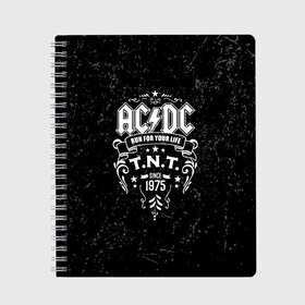 Тетрадь с принтом AC DC run for your life в городе Новоалтайск, 100% бумага | 48 листов, плотность листов — 60 г/м2, плотность картонной обложки — 250 г/м2. Листы скреплены сбоку удобной пружинной спиралью. Уголки страниц и обложки скругленные. Цвет линий — светло-серый
 | Тематика изображения на принте: ac dc | acdc | acdc ас дс | австралийская | ангус янг | асдс | блюз | группа | крис слэйд | метал | молния | музыка | музыканты | певцы | рок | рок н ролл | стиви янг | хард | хардрок | эксл роуз
