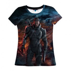 Женская футболка 3D с принтом Mass Effect 3 в городе Новоалтайск, 100% полиэфир ( синтетическое хлопкоподобное полотно) | прямой крой, круглый вырез горловины, длина до линии бедер | action | edition | rpg | shooter | special | геты | жнецы | инженер | разведчик | солдат | страж | цербер | штурмовик | шутер