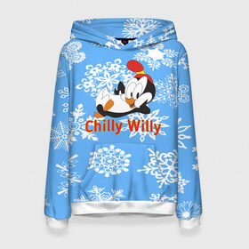 Женская толстовка 3D с принтом Chilly Willy в городе Новоалтайск, 100% полиэстер  | двухслойный капюшон со шнурком для регулировки, мягкие манжеты на рукавах и по низу толстовки, спереди карман-кенгуру с мягким внутренним слоем. | chilly | chilly willy | арт | животные | милые | мультфильмы | пингвины | снежинки | текстура | чилли вилли