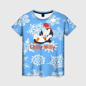 Женская футболка 3D с принтом Chilly Willy в городе Новоалтайск, 100% полиэфир ( синтетическое хлопкоподобное полотно) | прямой крой, круглый вырез горловины, длина до линии бедер | chilly | chilly willy | арт | животные | милые | мультфильмы | пингвины | снежинки | текстура | чилли вилли