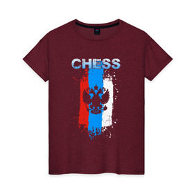 Женская футболка хлопок с принтом Chess в городе Новоалтайск, 100% хлопок | прямой крой, круглый вырез горловины, длина до линии бедер, слегка спущенное плечо | check | chess | game | sport | strategy | доска | игра | линии | мат | надпись | пат | полосы | сборная | символ | состязание | спорт | спортсмен | стратегия | флаг | шах | шахматист | шахматы
