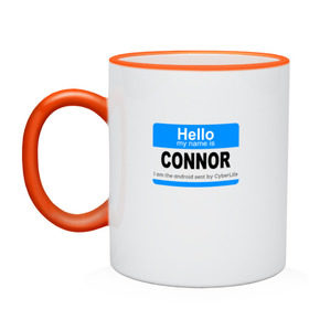 Кружка двухцветная с принтом RK 800 CONNOR в городе Новоалтайск, керамика | объем — 330 мл, диаметр — 80 мм. Цветная ручка и кайма сверху, в некоторых цветах — вся внутренняя часть | connor | cyberlife | detroit become human | deviant | kara | markus | ps4 | rk800 |  detroit: become human | детроит | детроит: стать человеком | игры | кара | коннор | конор | кэра | маркус | пиратs | эксклюзив
