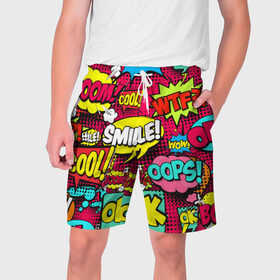 Мужские шорты 3D с принтом Стиль pop-art в городе Новоалтайск,  полиэстер 100% | прямой крой, два кармана без застежек по бокам. Мягкая трикотажная резинка на поясе, внутри которой широкие завязки. Длина чуть выше колен | pop art | style | безумство | комикс | лейблы | микс | поп арт | яркие | яркое | яркости