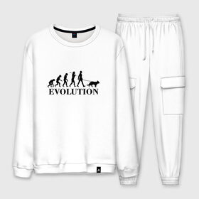 Мужской костюм хлопок с принтом Evolution в городе Новоалтайск, 100% хлопок | на свитшоте круглая горловина, мягкая резинка по низу. Брюки заужены к низу, на них два вида карманов: два “обычных” по бокам и два объемных, с клапанами, расположенные ниже линии бедра. Брюки с мягкой трикотажной резинкой на поясе и по низу штанин. В поясе для дополнительного комфорта — широкие завязки | dog | друг человека | кинолог | люблю собак | овчарка | пес | собака | собачник | щенок | эволюция