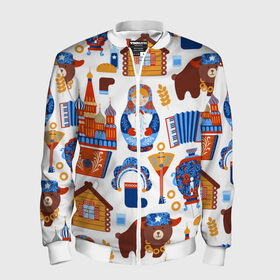 Мужской бомбер 3D с принтом Традиционный поп арт в городе Новоалтайск, 100% полиэстер | застегивается на молнию, по бокам два кармана без застежек, по низу бомбера и на воротнике - эластичная резинка | pop art | style | балалайка | матрешка | медведь | поп арт | яркие | яркое