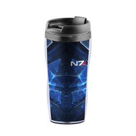 Термокружка-непроливайка с принтом MASS EFFECT N7 | МАСС ЭФФЕКТ Н7 в городе Новоалтайск, внутренняя часть — пищевой пластик, наружная часть — прозрачный пластик, между ними — полиграфическая вставка с рисунком | объем — 350 мл, герметичная крышка | Тематика изображения на принте: n7 | альянс | броня | костюм | масс эффект | н7