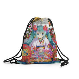 Рюкзак-мешок 3D с принтом Hatsune Miku в городе Новоалтайск, 100% полиэстер | плотность ткани — 200 г/м2, размер — 35 х 45 см; лямки — толстые шнурки, застежка на шнуровке, без карманов и подкладки | Тематика изображения на принте: аниме | виртуальная певица | вокалоид | девушки | манга | мульт | сёдзё | сериал | фантастика | япония