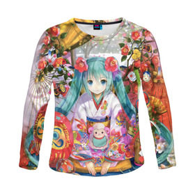 Женский лонгслив 3D с принтом Hatsune Miku в городе Новоалтайск, 100% полиэстер | длинные рукава, круглый вырез горловины, полуприлегающий силуэт | аниме | виртуальная певица | вокалоид | девушки | манга | мульт | сёдзё | сериал | фантастика | япония