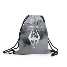 Рюкзак-мешок 3D с принтом TES V SKYRIM в городе Новоалтайск, 100% полиэстер | плотность ткани — 200 г/м2, размер — 35 х 45 см; лямки — толстые шнурки, застежка на шнуровке, без карманов и подкладки | dragon | mountain | skyrim | tes | tes 5 | the elder scrolls | горы | дракон | логотип | эмблема