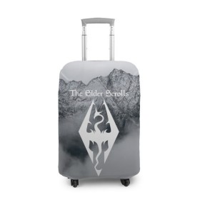 Чехол для чемодана 3D с принтом TES V SKYRIM в городе Новоалтайск, 86% полиэфир, 14% спандекс | двустороннее нанесение принта, прорези для ручек и колес | dragon | mountain | skyrim | tes | tes 5 | the elder scrolls | горы | дракон | логотип | эмблема