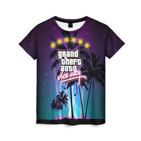 Женская футболка 3D с принтом GTA Vice City в городе Новоалтайск, 100% полиэфир ( синтетическое хлопкоподобное полотно) | прямой крой, круглый вырез горловины, длина до линии бедер | 5 звезд | auto | grand | gta | theft | vice city |   лето | вай сити | вертолеты | гта | звезды | логотип | надпись | пальмы | пляжная | рисунок | розыск | рубашка | томми версетти