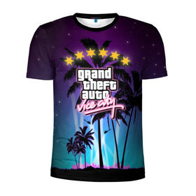 Мужская футболка 3D спортивная с принтом GTA Vice City в городе Новоалтайск, 100% полиэстер с улучшенными характеристиками | приталенный силуэт, круглая горловина, широкие плечи, сужается к линии бедра | 5 звезд | auto | grand | gta | theft | vice city |   лето | вай сити | вертолеты | гта | звезды | логотип | надпись | пальмы | пляжная | рисунок | розыск | рубашка | томми версетти