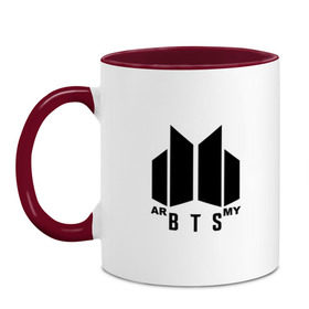 Кружка двухцветная с принтом BTS ARMY в городе Новоалтайск, керамика | объем — 330 мл, диаметр — 80 мм. Цветная ручка и кайма сверху, в некоторых цветах — вся внутренняя часть | bts | j hope | jimin | jin | jungkook | k pop | rap monster | rapmon | suga | v | бтс | группа | корея