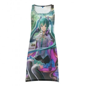 Платье-майка 3D с принтом Hatsune Miku в городе Новоалтайск, 100% полиэстер | полуприлегающий силуэт, широкие бретели, круглый вырез горловины, удлиненный подол сзади. | hatsune miku | аниме | вокалоид | девушки | манга | мульт | оружие | певица | сёдзё | сериал | хатсуне мику | япония