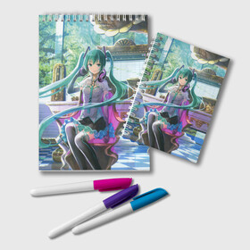 Блокнот с принтом Hatsune Miku в городе Новоалтайск, 100% бумага | 48 листов, плотность листов — 60 г/м2, плотность картонной обложки — 250 г/м2. Листы скреплены удобной пружинной спиралью. Цвет линий — светло-серый
 | Тематика изображения на принте: hatsune miku | аниме | вокалоид | девушки | манга | мульт | оружие | певица | сёдзё | сериал | хатсуне мику | япония