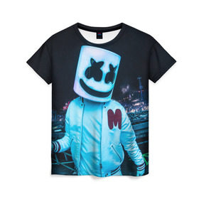 Женская футболка 3D с принтом MARSHMELLO в городе Новоалтайск, 100% полиэфир ( синтетическое хлопкоподобное полотно) | прямой крой, круглый вырез горловины, длина до линии бедер | dj | marshmello | usa | америка | клубная музыка | маршмелло | музыка | музыкант