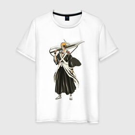 Мужская футболка хлопок с принтом Ichigo Kurosaki в городе Новоалтайск, 100% хлопок | прямой крой, круглый вырез горловины, длина до линии бедер, слегка спущенное плечо. | Тематика изображения на принте: bleach | hollow | manga | блич | ичиго | куросаки | манга | пустой | синигами