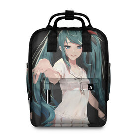 Женский рюкзак 3D с принтом Hatsune Miku в городе Новоалтайск, 100% полиэстер | лямки с регулируемой длиной, сверху ручки, чтобы рюкзак нести как сумку. Основное отделение закрывается на молнию, как и внешний карман. Внутри два дополнительных кармана, один из которых закрывается на молнию. По бокам два дополнительных кармашка, куда поместится маленькая бутылочка
 | Тематика изображения на принте: hatsune miku | аниме | вокалоид | девушки | манга | мульт | оружие | певица | сёдзё | сериал | хатсуне мику | япония