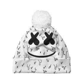 Шапка 3D c помпоном с принтом MARSHMELLO в городе Новоалтайск, 100% полиэстер | универсальный размер, печать по всей поверхности изделия | dj | marshmello | usa | америка | клубная музыка | маршмелло | музыка | музыкант