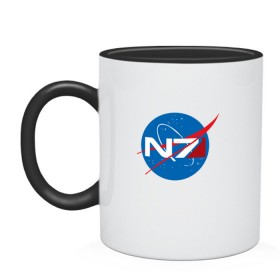 Кружка двухцветная с принтом NASA N7 MASS EFFECT в городе Новоалтайск, керамика | объем — 330 мл, диаметр — 80 мм. Цветная ручка и кайма сверху, в некоторых цветах — вся внутренняя часть | Тематика изображения на принте: logo | n7 | nasa | space | логотип | масс эффект | н7 | наса