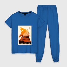 Женская пижама хлопок с принтом GODZILLA POSTER в городе Новоалтайск, 100% хлопок | брюки и футболка прямого кроя, без карманов, на брюках мягкая резинка на поясе и по низу штанин | comic con | godzilla | gojira | logo | годзилла | знаки | иероглифы | лого | монстр | фильм | чудовище