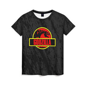 Женская футболка 3D с принтом JURASSIC GODZILLA в городе Новоалтайск, 100% полиэфир ( синтетическое хлопкоподобное полотно) | прямой крой, круглый вырез горловины, длина до линии бедер | comic con | godzilla | gojira | logo | годзилла | знаки | иероглифы | лого | монстр | фильм | чудовище