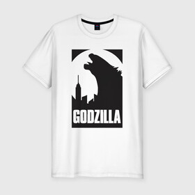 Мужская футболка хлопок Slim с принтом GODZILLA POSTER в городе Новоалтайск, 92% хлопок, 8% лайкра | приталенный силуэт, круглый вырез ворота, длина до линии бедра, короткий рукав | comic con | godzilla | gojira | logo | годзилла | знаки | иероглифы | лого | монстр | фильм | чудовище