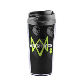 Термокружка-непроливайка с принтом WATCH DOGS 2 в городе Новоалтайск, внутренняя часть — пищевой пластик, наружная часть — прозрачный пластик, между ними — полиграфическая вставка с рисунком | объем — 350 мл, герметичная крышка | action | ct os | fox | gamer | hacker | player | watch dogs | watch dogs 2 | знак лиса | хакер