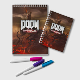 Блокнот с принтом DOOM Eternal в городе Новоалтайск, 100% бумага | 48 листов, плотность листов — 60 г/м2, плотность картонной обложки — 250 г/м2. Листы скреплены удобной пружинной спиралью. Цвет линий — светло-серый
 | doom | doomguy | slayer | вечный | дум | думгай | палач рока