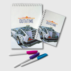 Блокнот с принтом De Lorean Outatime в городе Новоалтайск, 100% бумага | 48 листов, плотность листов — 60 г/м2, плотность картонной обложки — 250 г/м2. Листы скреплены удобной пружинной спиралью. Цвет линий — светло-серый
 | Тематика изображения на принте: 