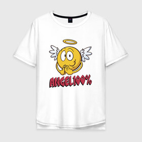 Мужская футболка хлопок Oversize с принтом ANGEL 100% в городе Новоалтайск, 100% хлопок | свободный крой, круглый ворот, “спинка” длиннее передней части | 100 | angel | ангел | добрая | добрый | крылья | мем | мемас | мемасик | милый | надпись | нимб | процентов | смайл | смайлик | улыбка | эмоджи | эмодзи
