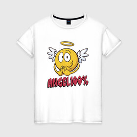 Женская футболка хлопок с принтом ANGEL 100% в городе Новоалтайск, 100% хлопок | прямой крой, круглый вырез горловины, длина до линии бедер, слегка спущенное плечо | 100 | angel | ангел | добрая | добрый | крылья | мем | мемас | мемасик | милый | надпись | нимб | процентов | смайл | смайлик | улыбка | эмоджи | эмодзи