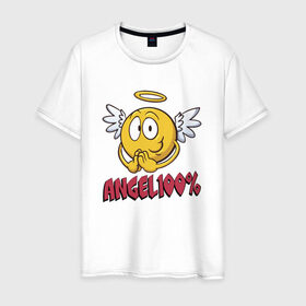 Мужская футболка хлопок с принтом ANGEL 100% в городе Новоалтайск, 100% хлопок | прямой крой, круглый вырез горловины, длина до линии бедер, слегка спущенное плечо. | 100 | angel | ангел | добрая | добрый | крылья | мем | мемас | мемасик | милый | надпись | нимб | процентов | смайл | смайлик | улыбка | эмоджи | эмодзи