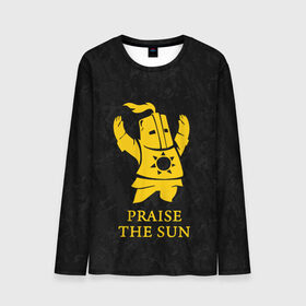 Мужской лонгслив 3D с принтом PRAISE THE SUN в городе Новоалтайск, 100% полиэстер | длинные рукава, круглый вырез горловины, полуприлегающий силуэт | dark souls | game | gamer | knight | play | player | praise the sun | дарк соулс | доспехи | игры | надпись | рыцарь | темные души