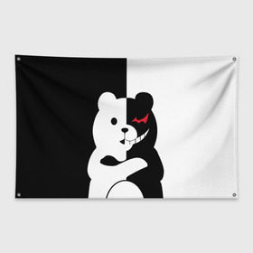 Флаг-баннер с принтом MONOKUMA в городе Новоалтайск, 100% полиэстер | размер 67 х 109 см, плотность ткани — 95 г/м2; по краям флага есть четыре люверса для крепления | anime | bear | black  white | minomi | monokuma | pink | rabbit | school | аниме | главарь | миноми | монокума | черно белый | школа