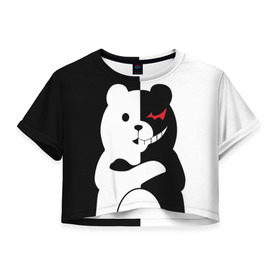 Женская футболка 3D укороченная с принтом MONOKUMA в городе Новоалтайск, 100% полиэстер | круглая горловина, длина футболки до линии талии, рукава с отворотами | anime | bear | black  white | minomi | monokuma | pink | rabbit | school | аниме | главарь | миноми | монокума | черно белый | школа