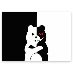 Поздравительная открытка с принтом MONOKUMA в городе Новоалтайск, 100% бумага | плотность бумаги 280 г/м2, матовая, на обратной стороне линовка и место для марки
 | anime | bear | black  white | minomi | monokuma | pink | rabbit | school | аниме | главарь | миноми | монокума | черно белый | школа