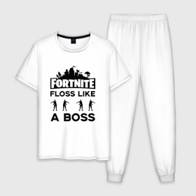Мужская пижама хлопок с принтом Floss like a boss в городе Новоалтайск, 100% хлопок | брюки и футболка прямого кроя, без карманов, на брюках мягкая резинка на поясе и по низу штанин
 | dance | floss like a boss | fortnite | swag | thebackpackkid | танец