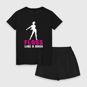 Женская пижама с шортиками хлопок с принтом Floss like a boss в городе Новоалтайск, 100% хлопок | футболка прямого кроя, шорты свободные с широкой мягкой резинкой | dance | floss | flossing | like a boss | бос | движение | деб | дэб | кулаки | любит | размахивает | руками | руки | танец | танцевальное | флос | флосинг | флосс | флоссинг