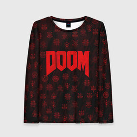 Женский лонгслив 3D с принтом DOOM в городе Новоалтайск, 100% полиэстер | длинные рукава, круглый вырез горловины, полуприлегающий силуэт | devil | doom | hell | mark of the doom slayer | slayer | ад | гарнил | дум | знаки | иероглифы | компьютерные игры 2019 | преисподняя | символ | солдат