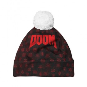 Шапка 3D c помпоном с принтом DOOM в городе Новоалтайск, 100% полиэстер | универсальный размер, печать по всей поверхности изделия | devil | doom | hell | mark of the doom slayer | slayer | ад | гарнил | дум | знаки | иероглифы | компьютерные игры 2019 | преисподняя | символ | солдат