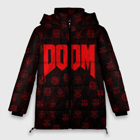Женская зимняя куртка 3D с принтом DOOM в городе Новоалтайск, верх — 100% полиэстер; подкладка — 100% полиэстер; утеплитель — 100% полиэстер | длина ниже бедра, силуэт Оверсайз. Есть воротник-стойка, отстегивающийся капюшон и ветрозащитная планка. 

Боковые карманы с листочкой на кнопках и внутренний карман на молнии | devil | doom | hell | mark of the doom slayer | slayer | ад | гарнил | дум | знаки | иероглифы | компьютерные игры 2019 | преисподняя | символ | солдат