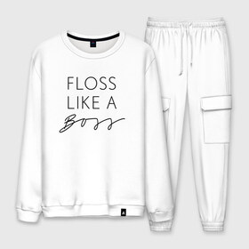 Мужской костюм хлопок с принтом Floss like a boss в городе Новоалтайск, 100% хлопок | на свитшоте круглая горловина, мягкая резинка по низу. Брюки заужены к низу, на них два вида карманов: два “обычных” по бокам и два объемных, с клапанами, расположенные ниже линии бедра. Брюки с мягкой трикотажной резинкой на поясе и по низу штанин. В поясе для дополнительного комфорта — широкие завязки | dance | floss | flossing | like a boss | бос | движение | деб | дэб | кулаки | любит | размахивает | руками | руки | танец | танцевальное | флос | флосинг | флосс | флоссинг